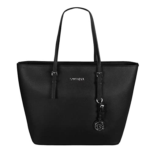 Tom & Eva TE-Jet Set Tasche Damen per Schultertasche Schwarz Groß Kunstleder Saffiano-Prägung Handtasche von Tom & Eva