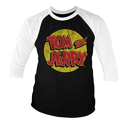 Tom & Jerry Offizielles Lizenzprodukt Washed Logo Baseball 3/4 Ärmel T-Shirt (Weiß-Schwarz), XXL von Tom & Jerry
