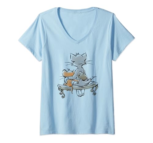 Tom & Jerry Sitting T-Shirt mit V-Ausschnitt - Warner Bros. Licensed Product - Cartoon T-Shirt - Blau - S - Unisex - Damen - Regular Fit - V-Neck - Kurzarm von Tom & Jerry