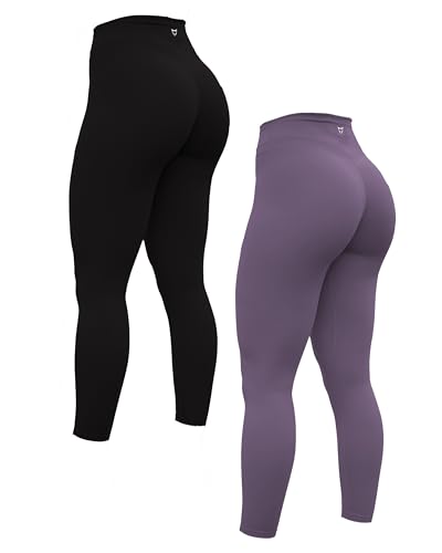 TomTiger Damen-Yogahose, 7/8, hohe Taille, Workout, Yoga-Leggings für Frauen, Po-Heben, Bauchkontrolle, Booty Strumpfhosen, Schwarz/Schwarz-Pflaume, M von TomTiger