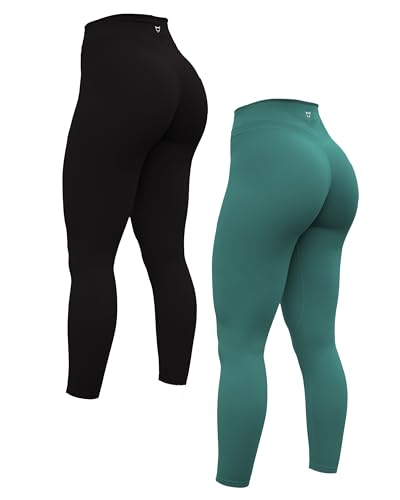 TomTiger Yogahose für Damen, 7/8, hohe Taille, Workout-Yoga-Leggings für Damen, Po-Heben, Bauchkontrolle, Booty-Leggings, Schwarz/Grün, M von TomTiger