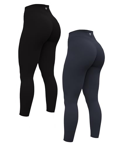 Yogahose für Damen, 7/8, hohe Taille, Workout-Yoga-Leggings für Damen, Po-Heben, Bauchkontrolle, Booty-Leggings, Schwarz/Schwarz meliert, S von TomTiger