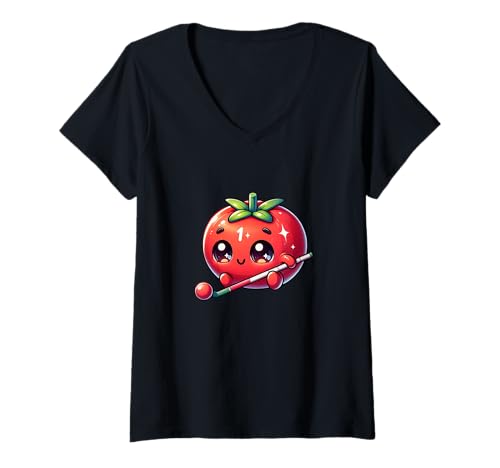 Damen Kawaii Tomate Mit Queue Billard Pool 1 Kugel T-Shirt mit V-Ausschnitt Damen Kawaii Tomate Mit Queue Billard Pool 1 Kugel T-Shirt mit V-Ausschnitt von Tomate Kawaii Billard Pool Snooker Niedlich