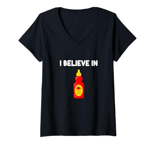 Damen Ich glaube an Tomatenketchup: Klassisches süßes, würziges Gewürz T-Shirt mit V-Ausschnitt von Tomato Ketchup Lovers Goods