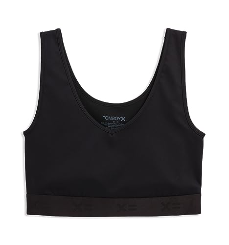 TomboyX Kompressions-BH, V-Ausschnitt, Brustbinde-Alternative, volle Abdeckung, mittlere Unterstützung, athletischer Sport-BH, (XS-4X), Schwarz, Large von TomboyX