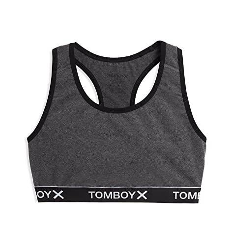 TomboyX Racerback BH Baumwolle Komfort Bralette für Damen Kabellos Ohne Polsterung Low Impact (3XS-6X), Kohle-Logo, X-Small von TomboyX