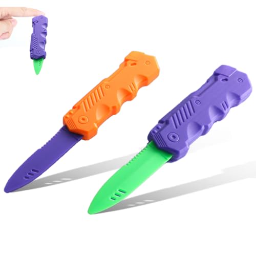 Tomedeks 2 Stück Plastikmesser, Verschwindete Trickmesser, Einziehbare Klinge Gefälschte Theatermasser Zaubermesser Kunststoff,Spielzeug Messer Für Kinder Erwachsene Aprilscherz(orange/Grün) von Tomedeks