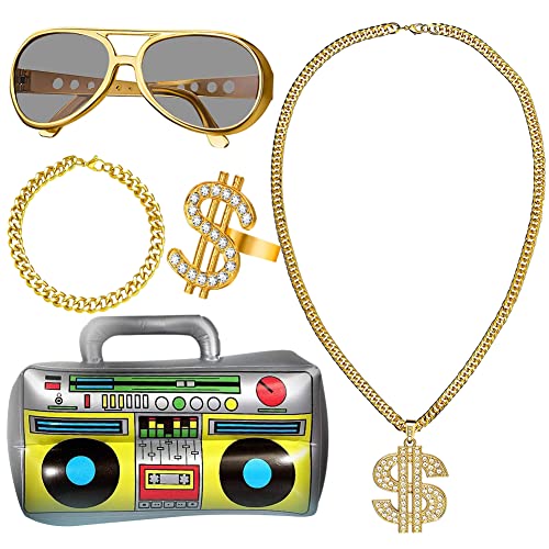 5 Stücke Hip Hop Kostüm Set, 80er Jahre Outfit Herren, 80s/90s Rapper Accessories, Retro Armband Pilotenbrille Dollar Halskette Dollar Ring Aufblasbares Handy für Fasching Karneval Party Zubehör von Tomicy