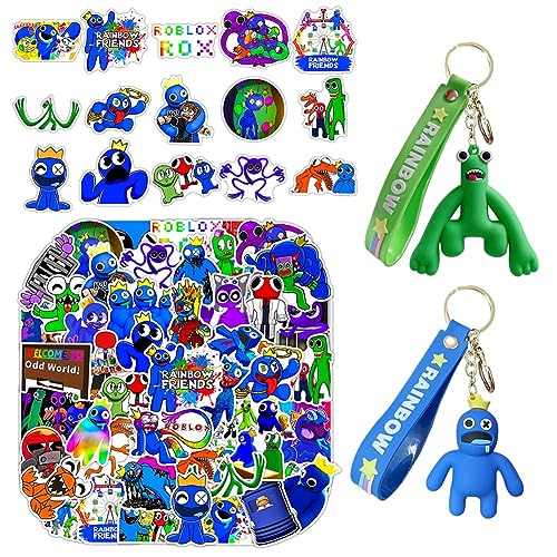 Tomicy 2 Stück Rainbow Friend Schlüsselanhänger Spielzeug Green Blue Cartoon Schlüsselanhänger 50 Stück Rainbow Friend Aufkleber Laptop Vinyl Wasserdichte Aufkleber Set für Koffer Helm Skateboard von Tomicy