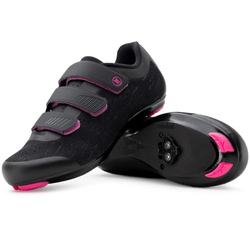 Tommaso Pista 100 Knit Stilvolle Damen Fahrradschuh, Indoor Cycling Peloton Ready Atmungsaktiv Leicht Fahrradschuh Bundle mit Kompatible Cleat, Look Delta, SPD Schwarz, Schwarz/Pink – Spd, 39 EU von Tommaso