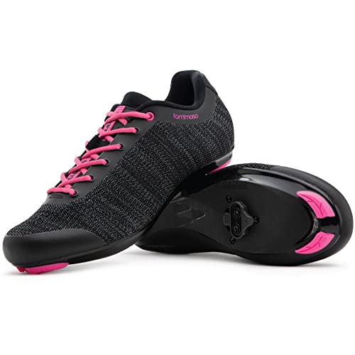 Tommaso Pista Knit Damen Fahrradschuh und Stollen Bundle Hallenschuhe Klasse Fertigschuhe mit Kompatible Stollen Look Delta SPD - Schwarz Rosa Grau Blau, Schwarz/Pink – Spd, 37 EU von Tommaso