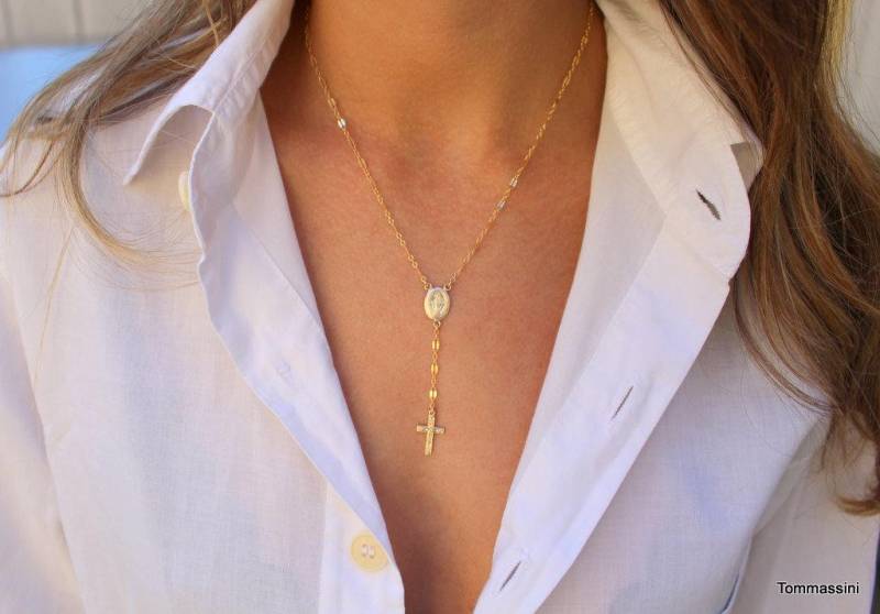 Gold Rosenkranz Halskette, Kreuz Y Silber Rosenkranz, Jungfrau Maria Konfirmationsgeschenk von TommassiniJewelry