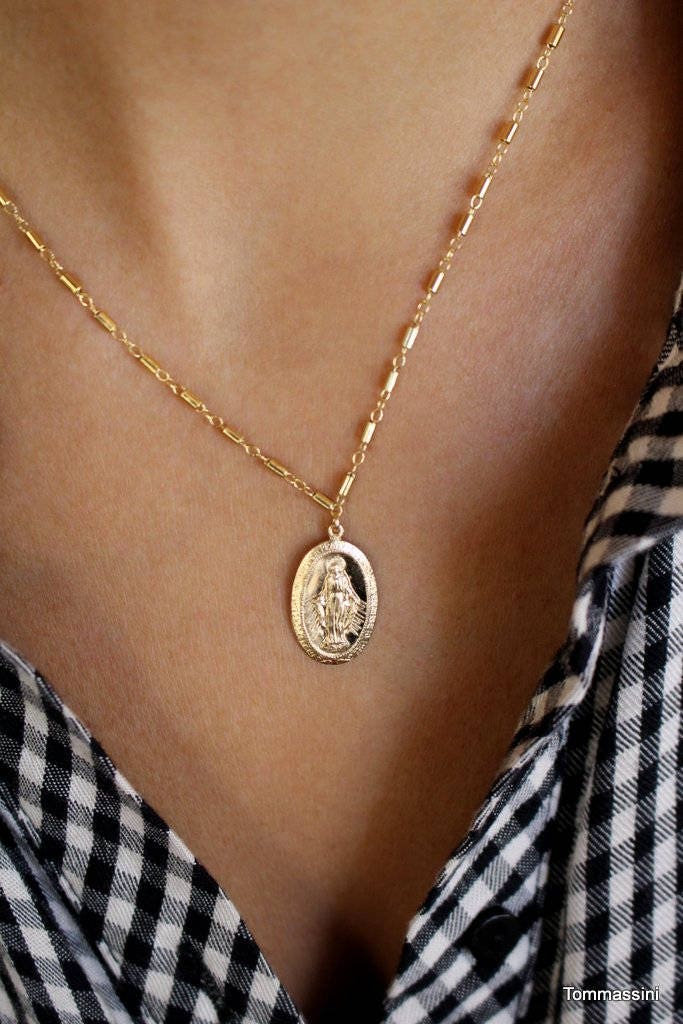 Goldene Wundertätige Medaille Halskette 14K Gold Gefüllte Jungfrau Maria Münze von TommassiniJewelry