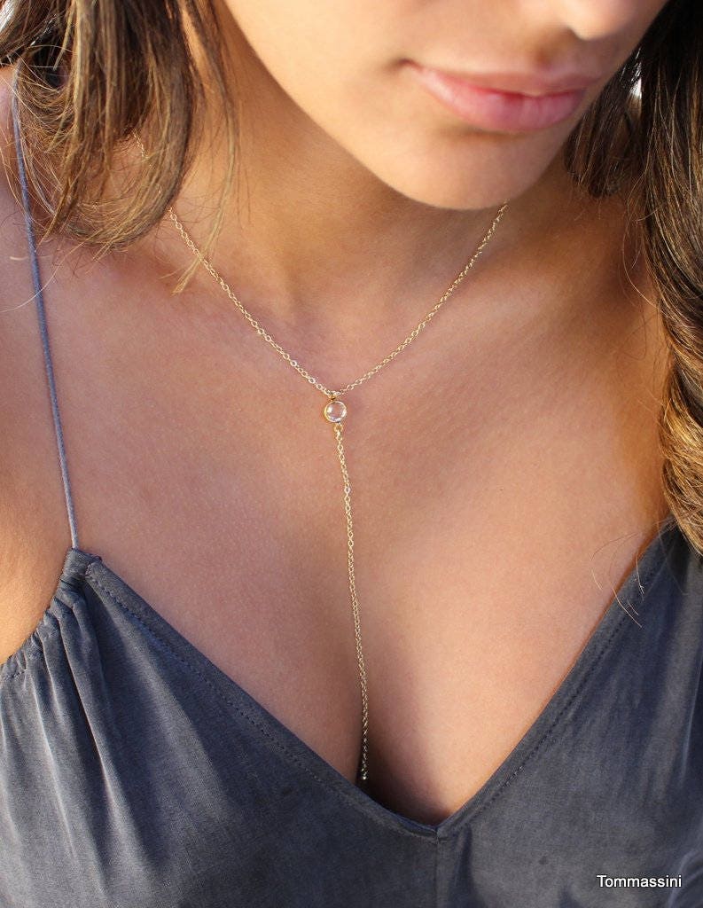 Kristall Lariat Halskette, Zarte Y Tropfen 14K Gold Filled von TommassiniJewelry