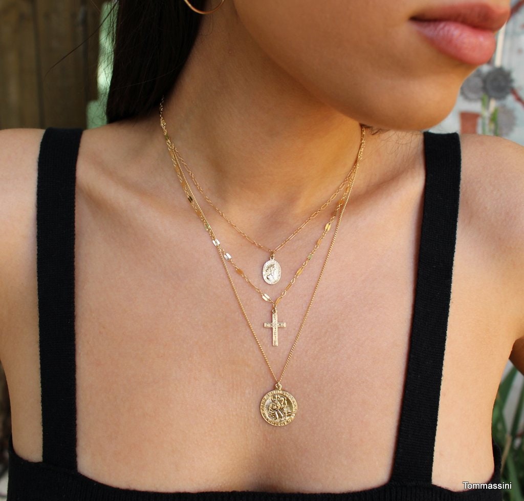 Layered Halsketten, Schicht Charme Halskette, Medaillon Kreuz Anhänger Schichtung Halskette von TommassiniJewelry