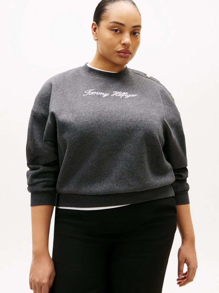 Tommy Hilfiger Curve Sweatshirt CRV GOLD BTN SCRIPT FLEECE SWRT in großen Größen, mit goldfarbenen Zier-Knöpfen von Tommy Hilfiger Curve
