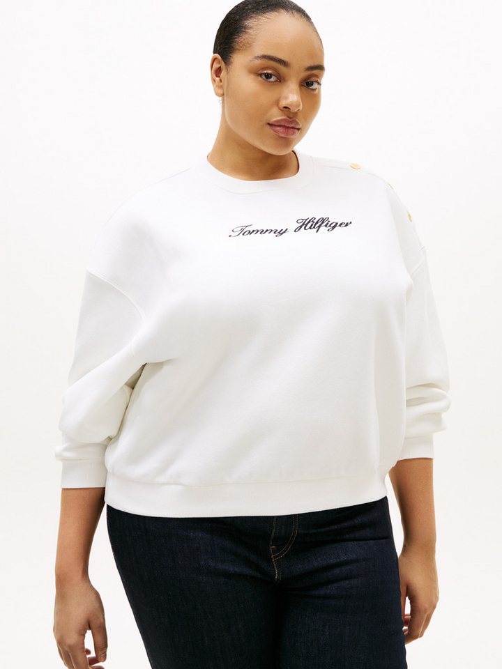 Tommy Hilfiger Curve Sweatshirt CRV GOLD BTN SCRIPT FLEECE SWRT in großen Größen, mit goldfarbenen Zier-Knöpfen von Tommy Hilfiger Curve
