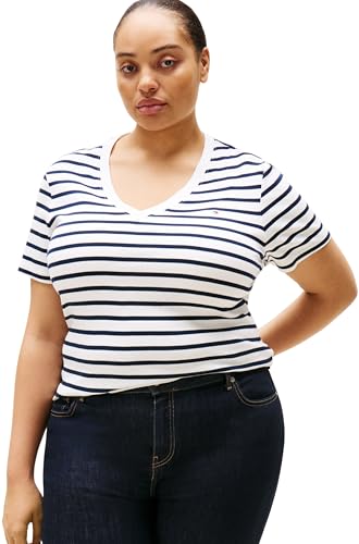 Tommy Hilfiger Damen T-Shirt Kurzarm Slim Fit Cody V-Ausschnitt, Mehrfarbig (Breton Dark Night Navy STP), 48 von Tommy Hilfiger