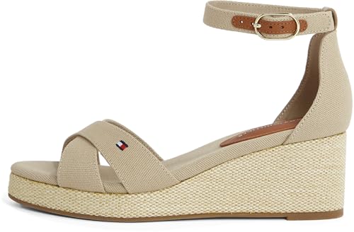 Tommy Hilfiger Damen Wedge Sandalen Flag Criss-Cros Mid mit Knöchelriemen, Beige (Horseradish), 41 von Tommy Hilfiger