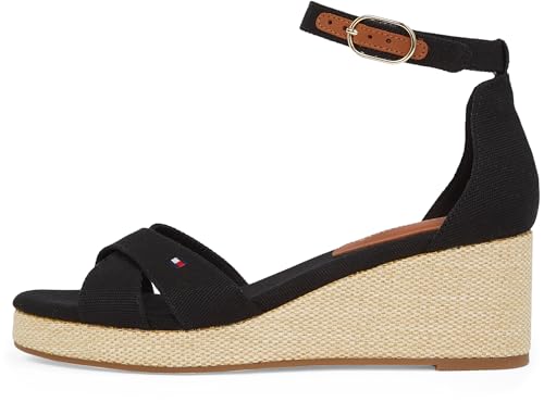 Tommy Hilfiger Damen Wedge Sandalen Flag Criss-Cros Mid mit Knöchelriemen, Schwarz (Black), 40 von Tommy Hilfiger