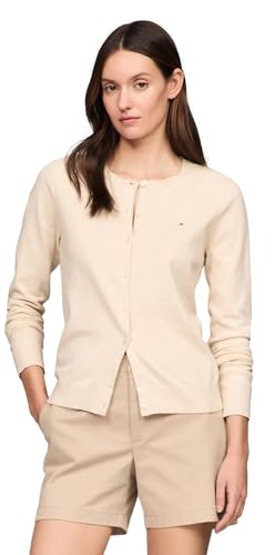 TOMMY HILFIGER Damen Solid Cardigan Sweater mit regulären Knöpfen Kollektion 2025, Beige Heather, Mittel von TOMMY HILFIGER