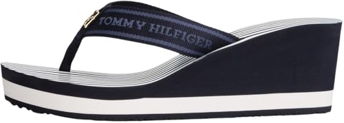 Tommy Hilfiger Damen Flip Flops Stripes mit Keilabsatz, Blau (Space Blue), 38 von Tommy Hilfiger