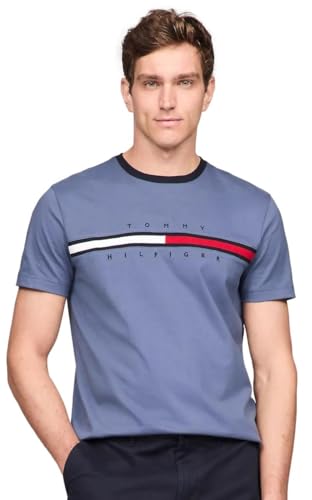 TOMMY HILFIGER Herren-T-Shirt, reguläre Passform, bestickt, Rundhalsausschnitt, Kollektion 2024, Größe L, Weiß, Bank Blue, L von Tommy Hilfiger