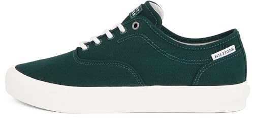 TOMMY HILFIGER Herren Vulcanized Sneaker Low Oxford Twill mit Logo, Grün (Hunter), 40 von Tommy Hilfiger