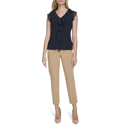 Tommy Hilfiger Ärmellose Damenbluse mit Rüschen, Mix Media, Mitternacht/Ausflug, einfarbig (Midnight//Getaway Solids), X-Groß von Tommy Hilfiger