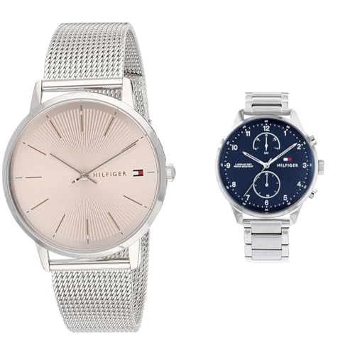 Tommy Hilfiger Analog Quarzuhr für Damen mit Silbernes Edelstahl-Mesh-Gliederarmband - 1782244 & Multi Zifferblatt Quarz Uhr für Herren mit Silbernes Edelstahlarmband - 1791575 von Tommy Hilfiger