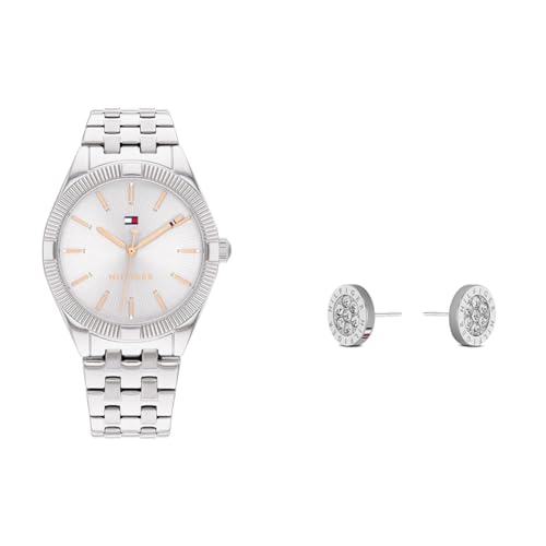 Tommy Hilfiger Analog Quarzuhr für Damen mit Silbernes Edelstahlarmband - 1782548 Jewelry Ohrstecker für Damen aus Edelstahl mit Kristallen - 2780565 von Tommy Hilfiger