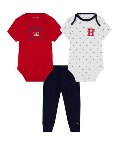 Tommy Hilfiger Baby-Jungen 2 Bodysuits and Pant Set hosenset, Rot/Strahlend weißer Druck/Blazer Marineblau, 80 von Tommy Hilfiger