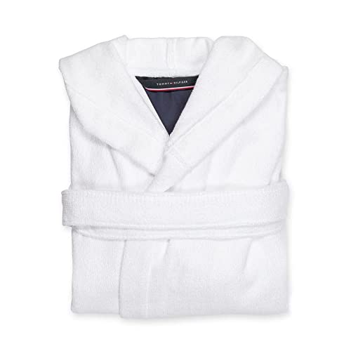 Tommy Hilfiger - Bademantel Frottee Erwachsene aus Degree Baumwolle - Bademantel Erwachsene Herren - Bademantel Damen Frottee mit Kapuze weich, Weiß 195, L von Tommy Hilfiger