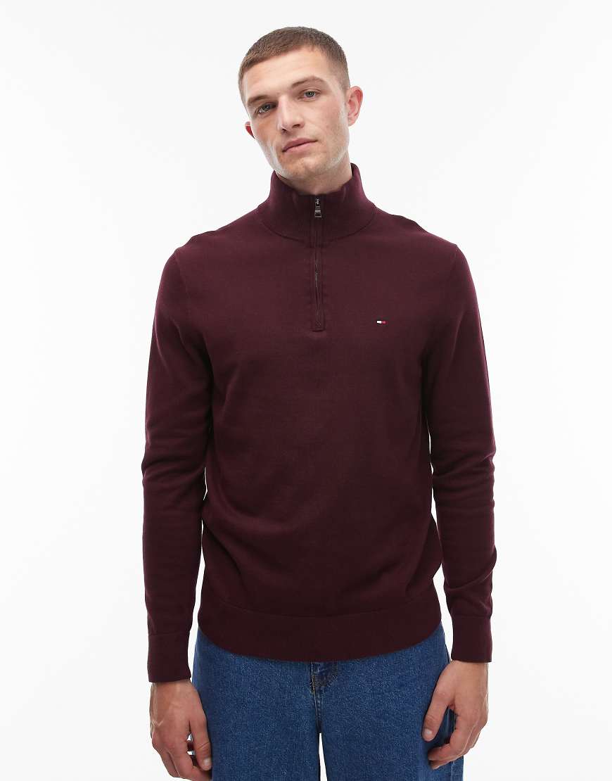 Tommy Hilfiger - Basic-Pullover aus Baumwolle in Burgunderrot mit kurzem Reißverschluss von Tommy Hilfiger