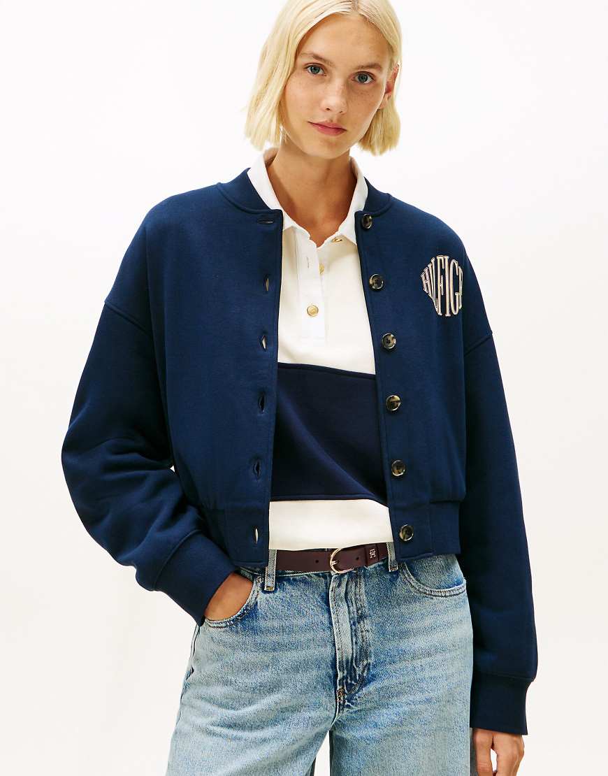 Tommy Hilfiger - Bomber-Strickjacke aus Flex-Fleece in Dunkelblau mit Logo und lockerem Schnitt von Tommy Hilfiger