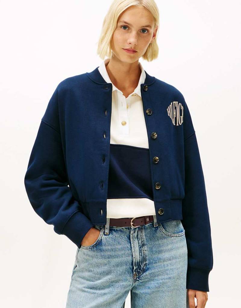 Tommy Hilfiger - Bomber-Strickjacke aus Flex-Fleece in Dunkelblau mit Logo und lockerem Schnitt von Tommy Hilfiger