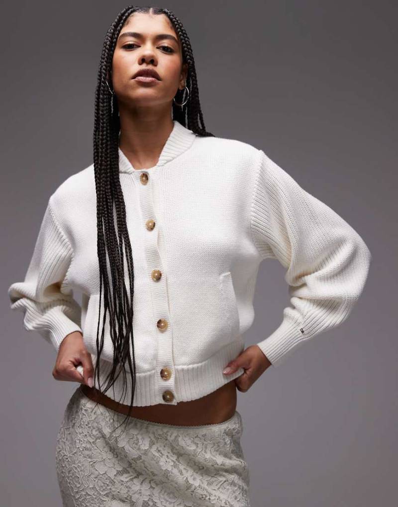 Tommy Hilfiger - Bomber-Strickjacke aus Jersey in Dunkelbraun mit Ballonärmeln-Weiß von Tommy Hilfiger