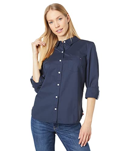 Tommy Hilfiger Damen Einfarbiges Knopfleiste und verstellbaren Ärmeln Hemd mit Button-Down-Kragen, Sky Captain, XS von Tommy Hilfiger