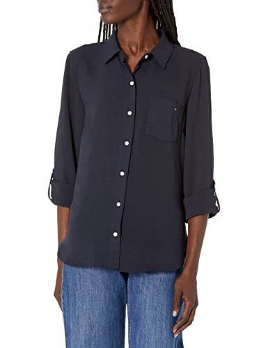 Tommy Hilfiger Button-Down-Shirts für Damen, lässige Oberteile, Sky Capt, X-Groß von Tommy Hilfiger