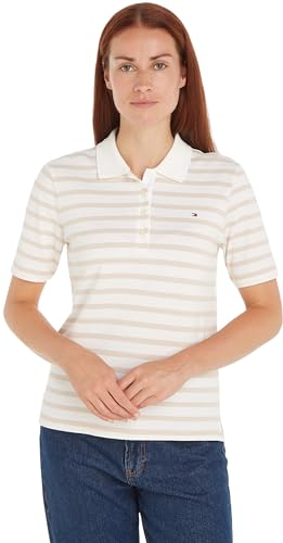 Tommy Hilfiger Damen Poloshirt Kurzarm Stripe Slim Fit, Weiß (Breton STP/Ecru/Classic Beige), XS von Tommy Hilfiger