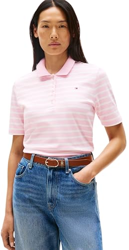 Tommy Hilfiger Damen Poloshirt Kurzarm 1985 Pique Regular Fit, Mehrfarbig (Breton STP Classic Pink/Ecru), L von Tommy Hilfiger
