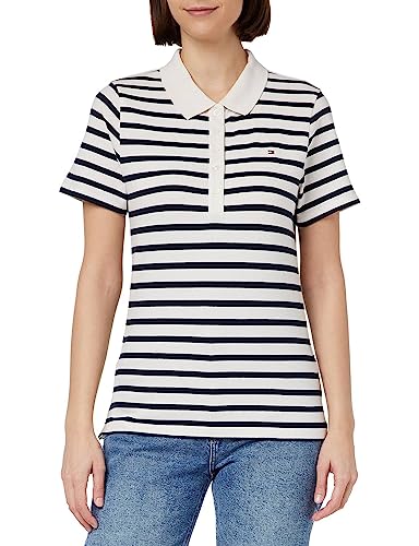 Tommy Hilfiger Damen Poloshirt Kurzarm 1985 Slim Pique Slim Fit, Weiß (Breton Stripes W White/Desert Sky), XS von Tommy Hilfiger