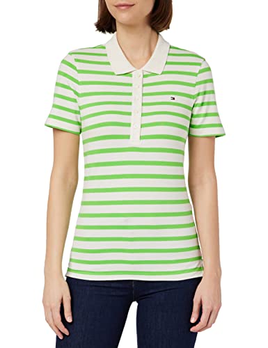 Tommy Hilfiger Damen Poloshirt Kurzarm 1985 Slim Pique Slim Fit, Weiß (Breton Stripes W White/Spring Lime), XXL von Tommy Hilfiger