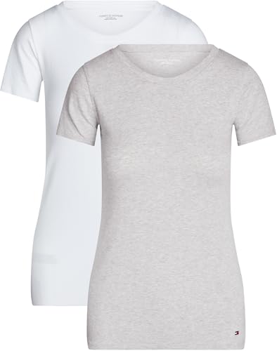 Tommy Hilfiger Damen 2er Pack T-Shirts Kurzarm Weiter Rundhalsausschnitt, Mehrfarbig (White/Light Grey Heather), XS von Tommy Hilfiger