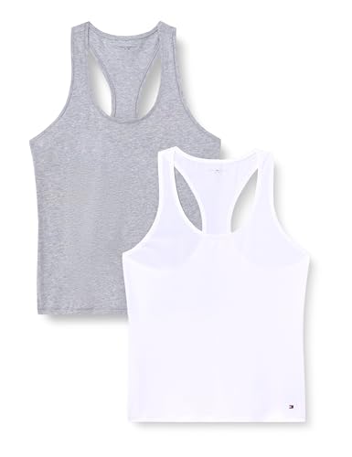 Tommy Hilfiger Damen 2er Pack Tank Tops mit Stretch, Mehrfarbig (White/ Light Grey Hthr), XS von Tommy Hilfiger