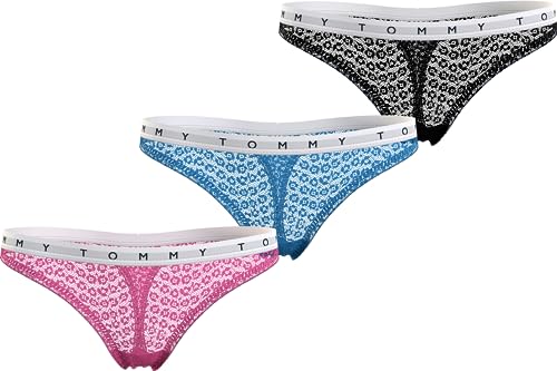 Tommy Hilfiger Damen 3P Full Lace Thong UW0UW02524 Stringtangas, Orange (Pink Amour/Deep Sky Blue/Black), L von Tommy Hilfiger