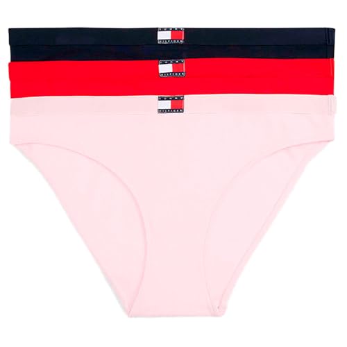 Tommy Hilfiger Damen 3er Pack Slips Bikini Form mit Logo, Mehrfarbig (Primary Red/L Pink Rib/Navy), L von Tommy Hilfiger