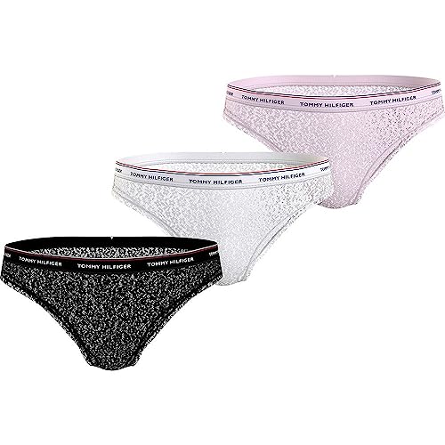 Tommy Hilfiger Damen 3er Pack Slips Bikini Form mit Spitze, Mehrfarbig (Black/White/Light Pink), XS von Tommy Hilfiger