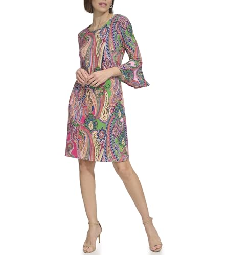 Tommy Hilfiger Damen 3/4 Bell Sleeve High Neck Sheath Mini Dress Kleid, Taffy Pink Multi, 40 von Tommy Hilfiger