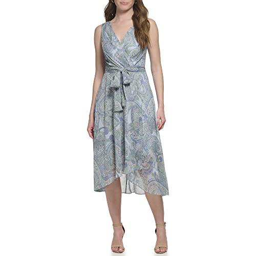 Tommy Hilfiger Damen Ärmellos Midi Faux Wrap Chiffon, Blau/Eukalyptus, 46 Tommy Hilfiger Damen Ärmellos Midi Faux Wrap Chiffon, Blau/Eukalyptus, 46 von Tommy Hilfiger